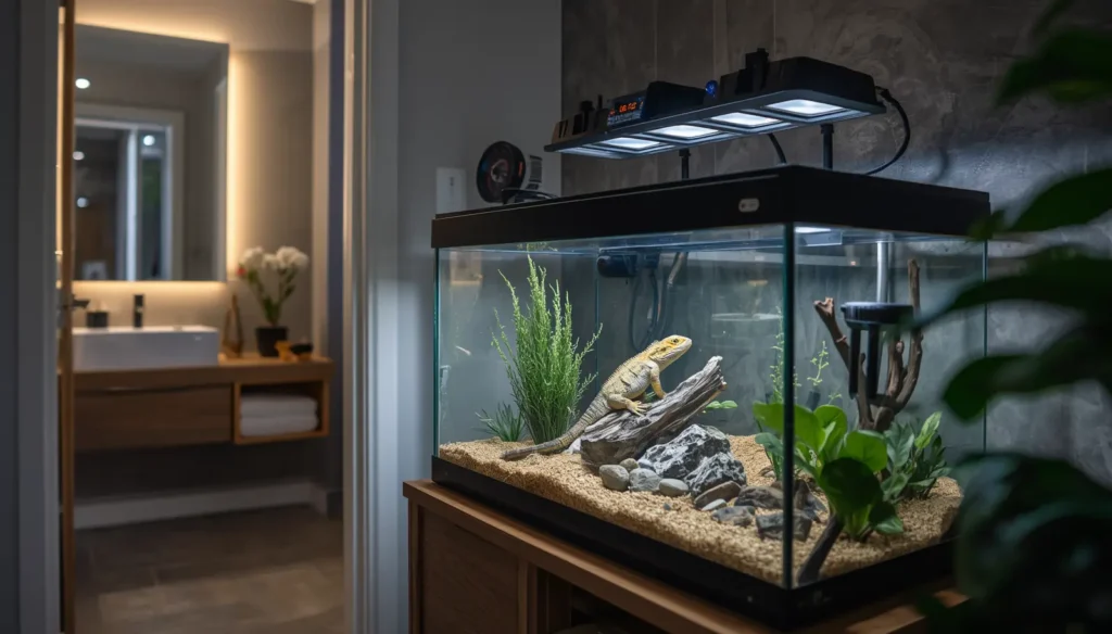 Featured image showing a bearded dragon in a well-lit terrarium enclosure setup in a modern room